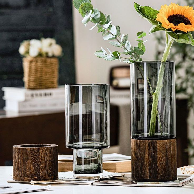 Solid Wood Base Transparent Glass Vase 